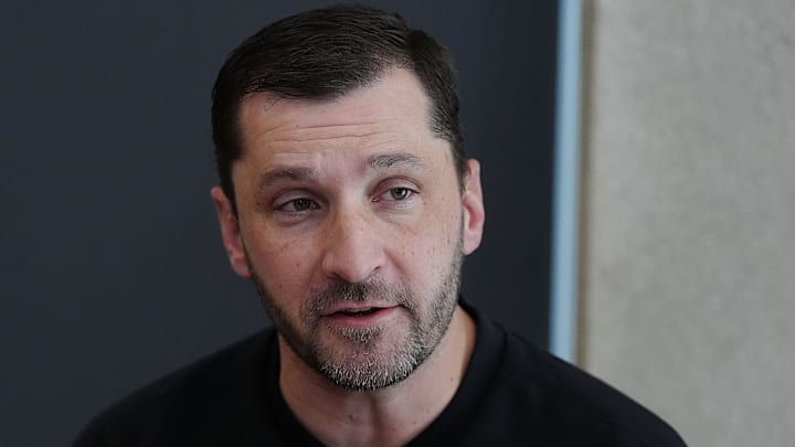 Iowa State quarterback coach Keith Heckendorf talks to media during a media opportunity at Stark Performance center on Feb. 11, 2026, in Ames, Iowa.