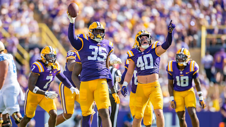 Tigers Saivion Jones 35 and Whit Weeks 40 celebrate after a fumble recovery as the LSU Tigers take on UCLA at Tiger Stadium in Baton Rouge, LA. Saturday, Sept. 21, 2024.