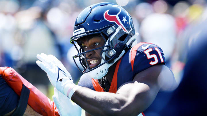 Houston Texans defensive end Will Anderson Jr. (51) warms up before the start of Sunday's game. The Jacksonville Jaguars hosted the Houston Texans at EverBank Stadium in Jacksonville, Fla. Sunday, September 24, 2023. [Bob Self/Florida Times-Union]