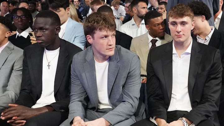 May 12, 2025; Chicago, Illinois, US; Duke players R-L Cooper Flagg, Kon Knueppel,and Khaman Maluach. during the 2025 NBA Draft Lottery at McCormick Place. Mandatory Credit: David Banks-Imagn Images