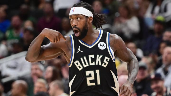Bucks guard Patrick Beverley reacts after scoring a basket in the third quarter against the Boston Celtics at Fiserv Forum. 