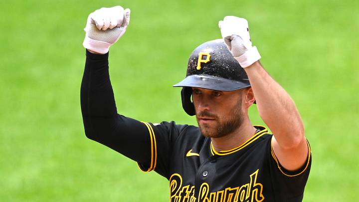 Jul 18, 2026; Cleveland, Ohio, USA; Pittsburgh Pirates second baseman Brandon Lowe (5) celebrates his single in the eighth inning against the Cleveland Guardians at Progressive Field. Mandatory Credit: David Richard-Imagn Images Jul 18, 2026; Cleveland, Ohio, USA; Pittsburgh Pirates second baseman Brandon Lowe (5) celebrates his single in the eighth inning against the Cleveland Guardians at Progressive Field. Mandatory Credit: David Richard-Imagn Images