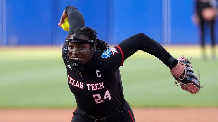 Texas Tech Red Raiders pitcher Nijaree Canady (24) throws a pitch during Game 1 of the NCAA softball Women's College World Series finals between the Texas Longhorns and the Texas Tech Red Raiders at Devon Park in Oklahoma City, Wednesday, June 3, 2026.