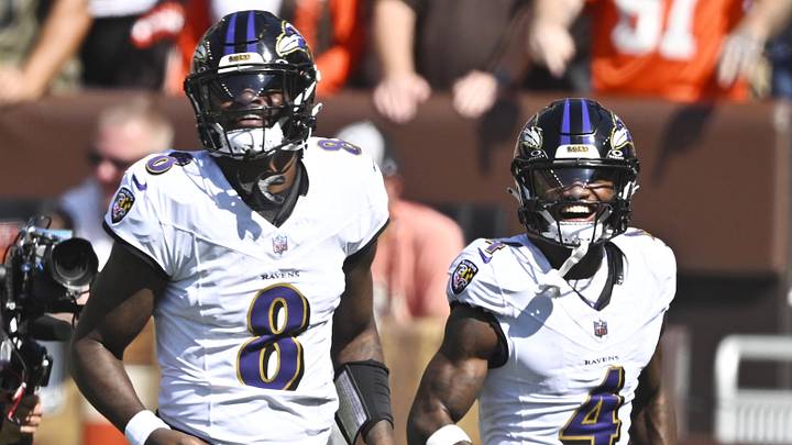 Oct 1, 2023; Cleveland, Ohio, USA; Baltimore Ravens quarterback Lamar Jackson (8) celebrates his rushing touchdown with wide receiver Zay Flowers (4) in the first quarter against the Cleveland Browns at Cleveland Browns Stadium. Mandatory Credit: David Richard-Imagn Images Oct 1, 2023; Cleveland, Ohio, USA; Baltimore Ravens quarterback Lamar Jackson (8) celebrates his rushing touchdown with wide receiver Zay Flowers (4) in the first quarter against the Cleveland Browns at Cleveland Browns Stadium. Mandatory Credit: David Richard-Imagn Images