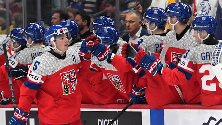 Jan 5, 2026; St. Paul, Minnesota, USA; Czechia defensemen Adam Jiricek (5) celebrates his goal against Sweden during the third period in the final of the 2026 IIHF World Junior Championship ice hockey tournament at Grand Casino Arena. Mandatory Credit: Nick Wosika-Imagn Images