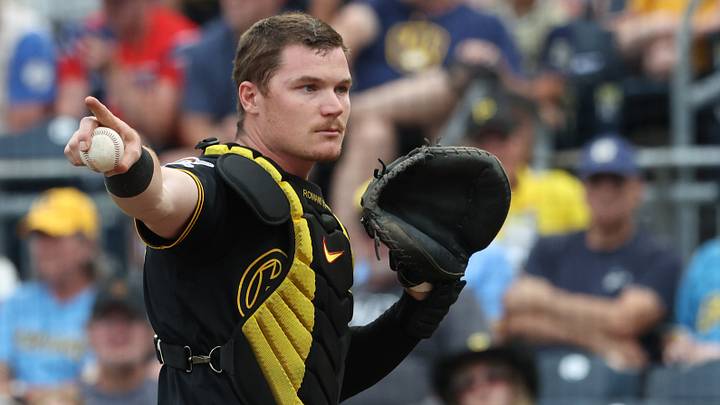 Jul 11, 2026; Pittsburgh, Pennsylvania, USA;  Pittsburgh Pirates catcher Henry Davis (32) asks for an appeal to third base on a check swing by Milwaukee Brewers second baseman Brice Turang (not pictured) during the ninth inning at PNC Park. Mandatory Credit: Charles LeClaire-Imagn Images