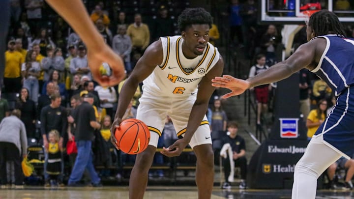 Nov. 8, 2024; Columbia, Missouri, USA; Missouri Tigers guard Annor Boateng (6) dribbles the ball against the Howard Bison.