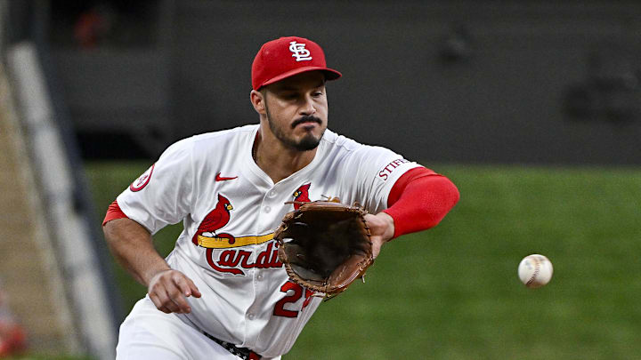 Sep 16, 2024; St. Louis, Missouri, USA;  St. Louis Cardinals third baseman Nolan Arenado (28) fields a ground ball against the Pittsburgh Pirates during the first inning at Busch Stadium. Mandatory Credit: Jeff Curry-Imagn Images
