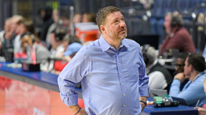 Mississippi Rebels head coach Chris Beard looks into the stands during the game against against the Mississippi State Bulldogs in a NCAA men’s college basketball game at the Sandy and John Black Pavilion at Ole Miss in Oxford, Miss. on Saturday, Feb. 14, 2026.
