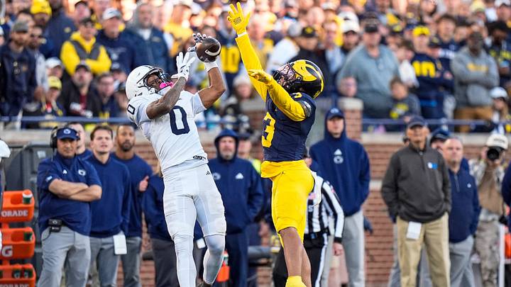 Penn State Nittany Lions wide receiver Chase Sowell (0) makes a catch against Michigan cornerback Smith Snowden (3) during the second half at Michigan Stadium. Penn State Nittany Lions wide receiver Chase Sowell (0) makes a catch against Michigan cornerback Smith Snowden (3) during the second half at Michigan Stadium.