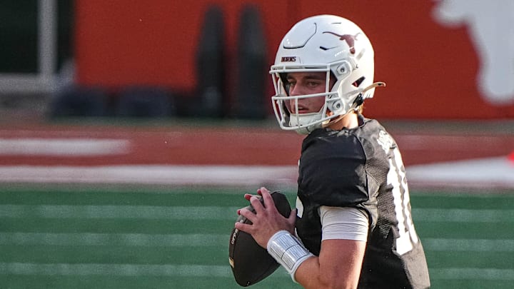 Texas Longhorns quarterback Arch Manning (16) throws a pass during practice at Darrell K Royal-Texas Memorial Stadium in Austin Monday, Dec. 16, 2024. Texas Longhorns quarterback Arch Manning (16) throws a pass during practice at Darrell K Royal-Texas Memorial Stadium in Austin Monday, Dec. 16, 2024.