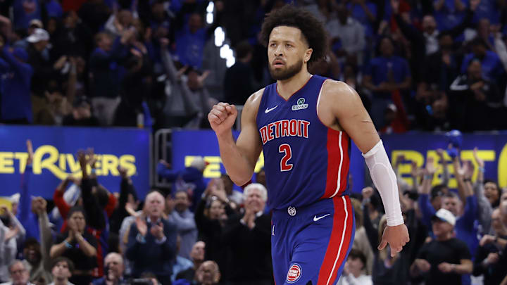May 13, 2026; Detroit, Michigan, USA; Detroit Pistons guard Cade Cunningham (2) celebrates in the second half against the Cleveland Cavaliers during game five of the second round of the 2026 NBA Playoffs at Little Caesars Arena. Mandatory Credit: Rick Osentoski-Imagn Images May 13, 2026; Detroit, Michigan, USA; Detroit Pistons guard Cade Cunningham (2) celebrates in the second half against the Cleveland Cavaliers during game five of the second round of the 2026 NBA Playoffs at Little Caesars Arena. Mandatory Credit: Rick Osentoski-Imagn Images