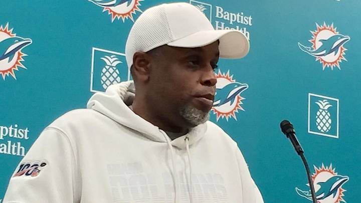 Miami Dolphins general manager Chris Grier answers questions from reporters April 15, 2025.