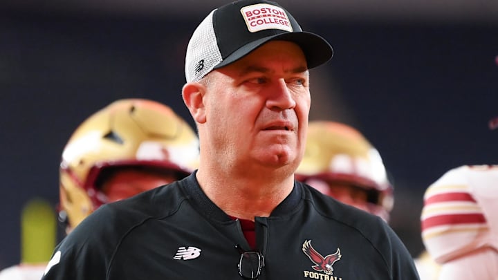 Nov 29, 2025; Syracuse, New York, USA; Boston College Eagles head coach Bill O'Brien walks off the field prior to the game against the Syracuse Orange at the JMA Wireless Dome. Mandatory Credit: Rich Barnes-Imagn Images