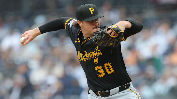 Sep 28, 2024; Bronx, New York, USA; Pittsburgh Pirates starting pitcher Paul Skenes (30) pitches against the New York Yankees during the first inning at Yankee Stadium. Mandatory Credit: Brad Penner-Imagn Images