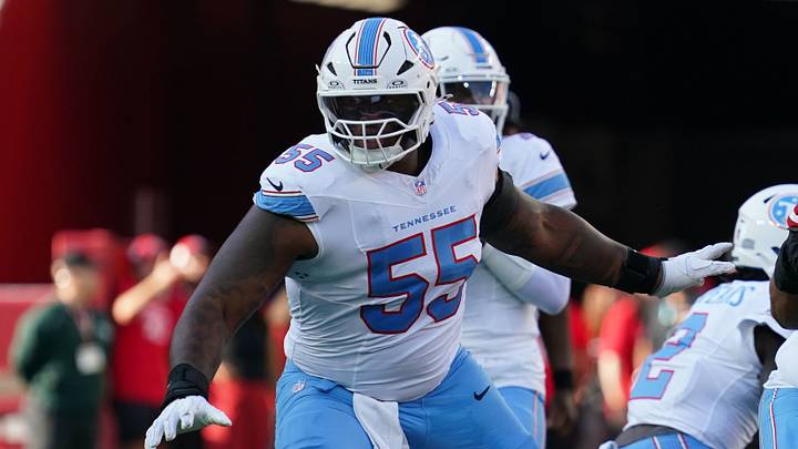 Aug 13, 2026; Santa Clara, California, USA; Tennessee Titans offensive tackle JC Latham (55) blocks against the San Francisco 49ers in the first quarter at Levi's Stadium. Mandatory Credit: David Gonzales-Imagn Images Aug 13, 2026; Santa Clara, California, USA; Tennessee Titans offensive tackle JC Latham (55) blocks against the San Francisco 49ers in the first quarter at Levi's Stadium. Mandatory Credit: David Gonzales-Imagn Images