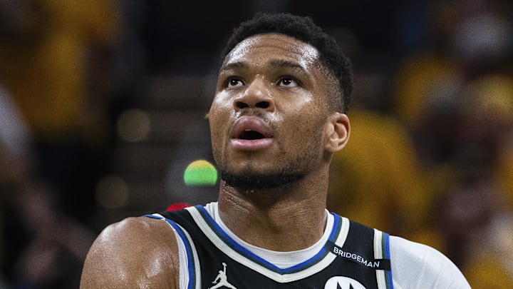 Apr 19, 2025; Indianapolis, Indiana, USA; Milwaukee Bucks forward Giannis Antetokounmpo (34) in the first half against the Indiana Pacers at Gainbridge Fieldhouse. Mandatory Credit: Trevor Ruszkowski-Imagn Images