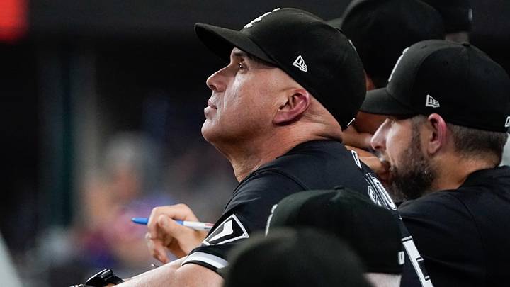 Jul 22, 2024; Arlington, Texas, USA; Chicago White Sox manager Pedro Grifol (5) looks on from the dugout during the tenth inning against the Texas Rangers at Globe Life Field. Mandatory Credit: Raymond Carlin III-Imagn Images