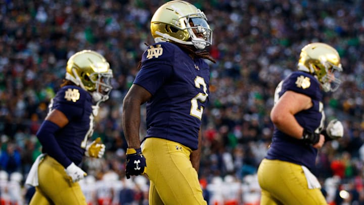 Notre Dame wide receiver Jayden Harrison (2) celebrates scoring a touchdown during a NCAA college football game against Virginia at Notre Dame Stadium on Saturday, Nov. 16, 2024, in South Bend. Notre Dame wide receiver Jayden Harrison (2) celebrates scoring a touchdown during a NCAA college football game against Virginia at Notre Dame Stadium on Saturday, Nov. 16, 2024, in South Bend.