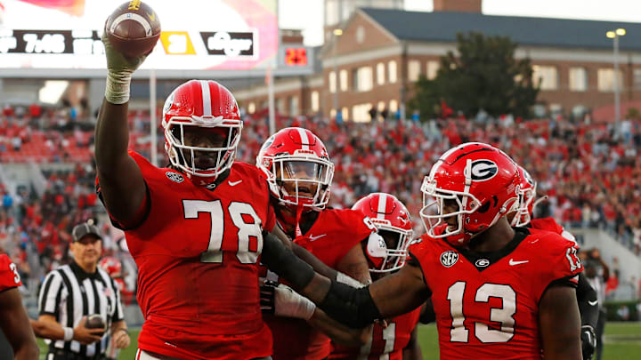 Georgia defensive lineman Nazir Stackhouse (78) celebrates after making an interception during the second half against Missouri in Athens, Ga., on Saturday, Nov. 4, 2023.