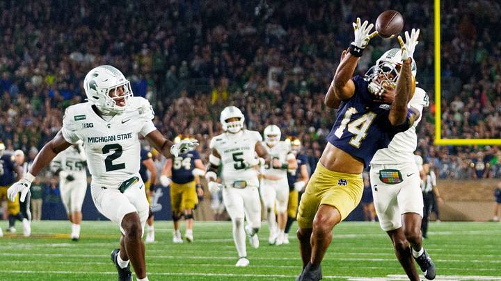 Notre Dame wide receiver Micah Gilbert (14) catches a pass during a NCAA football game against Michigan State at Notre Dame Stadium on Saturday, Sept. 19, 2026, in South Bend. Notre Dame wide receiver Micah Gilbert (14) catches a pass during a NCAA football game against Michigan State at Notre Dame Stadium on Saturday, Sept. 19, 2026, in South Bend.