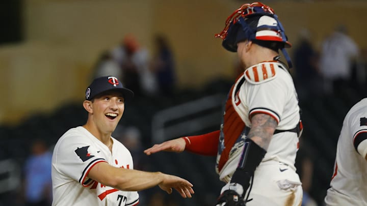 Minnesota Twins shortstop Brooks Lee celebrates with catcher Christian Vazquez the win over the Los Angeles Angels at Target Field in Minneapolis on Sept. 11, 2024. Minnesota Twins shortstop Brooks Lee celebrates with catcher Christian Vazquez the win over the Los Angeles Angels at Target Field in Minneapolis on Sept. 11, 2024.