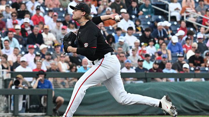 Jun 13, 2026; Omaha, NE, USA; Georgia Bulldogs starting pitcher Joey Volchko (37) throws against the Texas Longhorns during the first inning at Charles Schwab Field. Mandatory Credit: Steven Branscombe-Imagn Images Jun 13, 2026; Omaha, NE, USA; Georgia Bulldogs starting pitcher Joey Volchko (37) throws against the Texas Longhorns during the first inning at Charles Schwab Field. Mandatory Credit: Steven Branscombe-Imagn Images