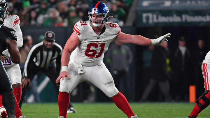 Dec 25, 2023; Philadelphia, Pennsylvania, USA; New York Giants center John Michael Schmitz Jr. (61) against the Philadelphia Eagles at Lincoln Financial Field. Dec 25, 2023; Philadelphia, Pennsylvania, USA; New York Giants center John Michael Schmitz Jr. (61) against the Philadelphia Eagles at Lincoln Financial Field.