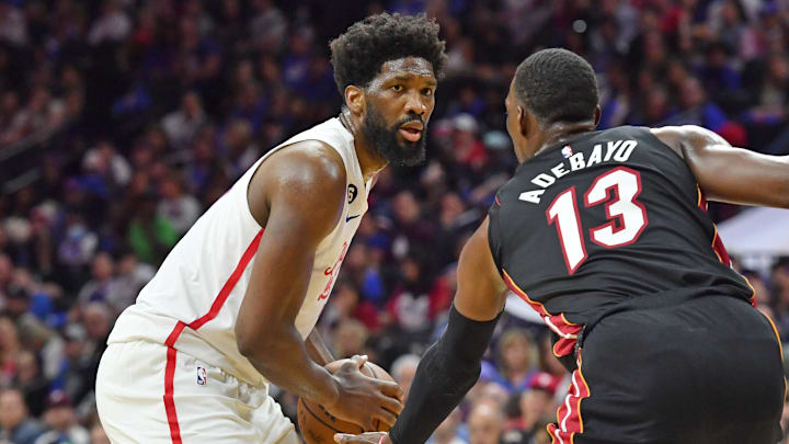 Apr 6, 2023; Philadelphia, Pennsylvania, USA; Philadelphia 76ers center Joel Embiid (21) against Miami Heat center Bam Adebayo (13) during the third quarter at Wells Fargo Center. Mandatory Credit: Eric Hartline-Imagn Images