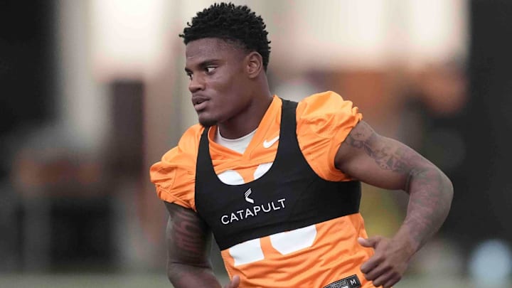 Tennessee defensive back Boo Carter (23) runs during Tennessee football preseason practice, in Knoxville, Tennessee, July 31, 2025.