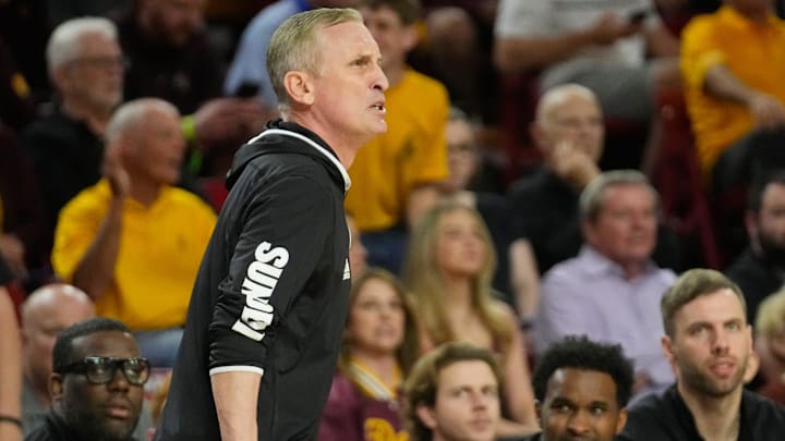 Arizona State head coach Bobby Hurley reacts after receiving a technical foul during Big 12 conference play against BYU at Desert Financial Arena in Tempe on Feb. 26, 2025. Arizona State head coach Bobby Hurley reacts after receiving a technical foul during Big 12 conference play against BYU at Desert Financial Arena in Tempe on Feb. 26, 2025.