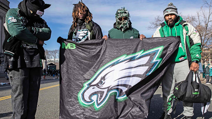 Fans celebrate the Philadelphia Eagles Super Bowl Championship with a parade along Benjamin Franklin Parkway set to end at the Philadelphia Museum of Art on Friday, Feb. 14, 2025.