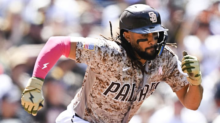May 10, 2026; San Diego, California, USA; San Diego Padres right fielder Fernando Tatis Jr. (23) runs to first base after grounding out during the fifth inning against the St. Louis Cardinals at Petco Park. Mandatory Credit: Denis Poroy-Imagn Images