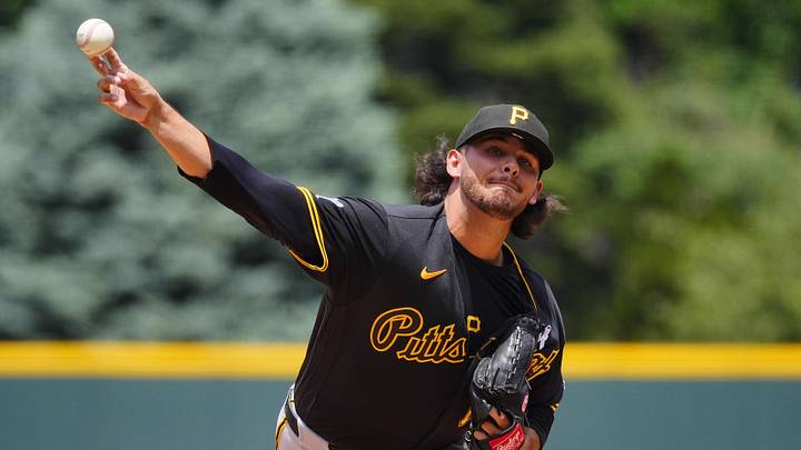 Jun 21, 2026; Denver, Colorado, USA; Pittsburgh Pirates starting pitcher Jared Jones (17) delivers a pitch in the first inning against the Colorado Rockies at Coors Field. Mandatory Credit: Ron Chenoy-Imagn Images