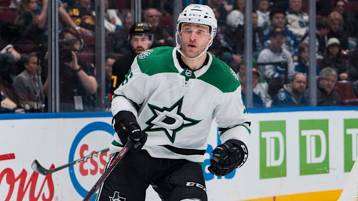 Mar 9, 2025; Vancouver, British Columbia, CAN; Dallas Stars forward Mikko Rantanen (96) skates against the Vancouver Canucks in the third period at Rogers Arena. Mandatory Credit: Bob Frid-Imagn Images