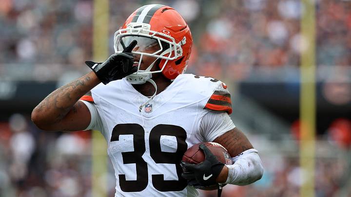 Aug 15, 2026; Chicago, Illinois, USA; Cleveland Browns cornerback Michael Coats Jr. (39) reacts after intercepting a pass against the Chicago Bears during the first half at Soldier Field. Mandatory Credit: Mike Dinovo-Imagn Images