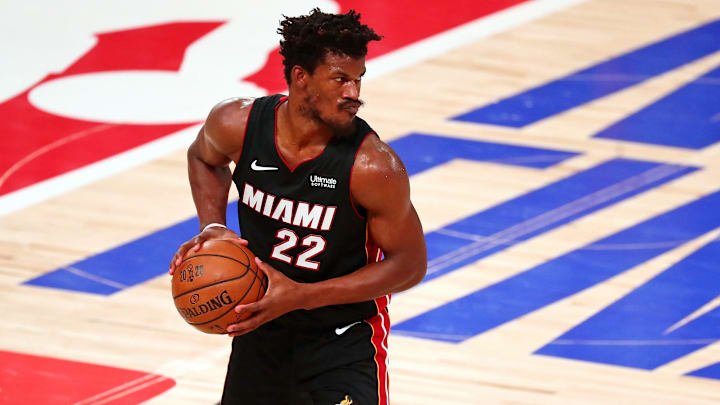 Oct 11, 2020; Lake Buena Vista, Florida, USA; Miami Heat forward Jimmy Butler (22) holds the ball during the third quarter in game six of the 2020 NBA Finals against the Los Angeles Lakers at AdventHealth Arena. Mandatory Credit: Kim Klement-USA TODAY Sports Oct 11, 2020; Lake Buena Vista, Florida, USA; Miami Heat forward Jimmy Butler (22) holds the ball during the third quarter in game six of the 2020 NBA Finals against the Los Angeles Lakers at AdventHealth Arena. Mandatory Credit: Kim Klement-USA TODAY Sports