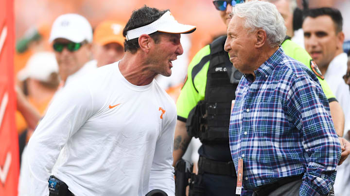 Tennessee Outside Linebackers/Special Teams Coordinator Mike Ekeler shares his excitement with ESPN's Lee Corso during the NCAA college football game against Florida on Saturday, September 24, 2022 in Knoxville, Tenn.

Utvflorida0924