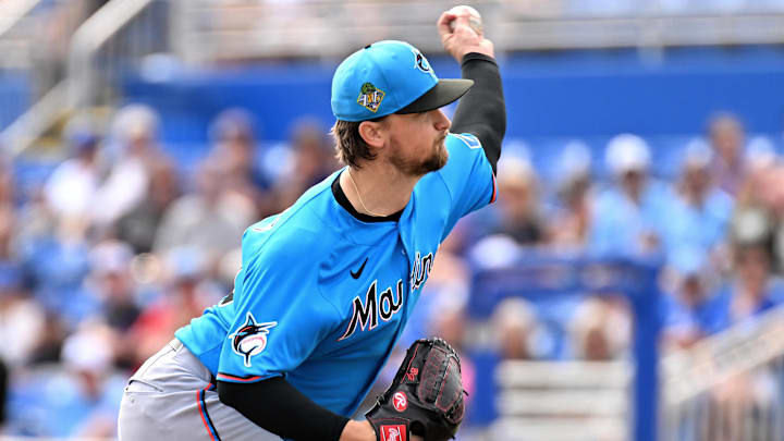 Florida Marlins starting pitcher Braxton Garrett (20) throws a pitch in the first inning against the Toronto Blue Jays during spring training at TD Ballpark. 
