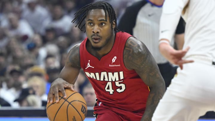 Apr 20, 2025; Cleveland, Ohio, USA; Miami Heat guard Davion Mitchell (45) dribbles in the first quarter against the Cleveland Cavaliers at Rocket Arena. Mandatory Credit: David Richard-Imagn Images Apr 20, 2025; Cleveland, Ohio, USA; Miami Heat guard Davion Mitchell (45) dribbles in the first quarter against the Cleveland Cavaliers at Rocket Arena. Mandatory Credit: David Richard-Imagn Images