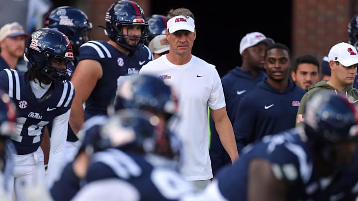 Nov 8, 2025; Oxford, Mississippi, USA; Mississippi Rebels head coach Lane Kiffin looks on during warm ups prior to the game against The Citadel Bulldogs at Vaught-Hemingway Stadium. Mandatory Credit: Petre Thomas-Imagn Images