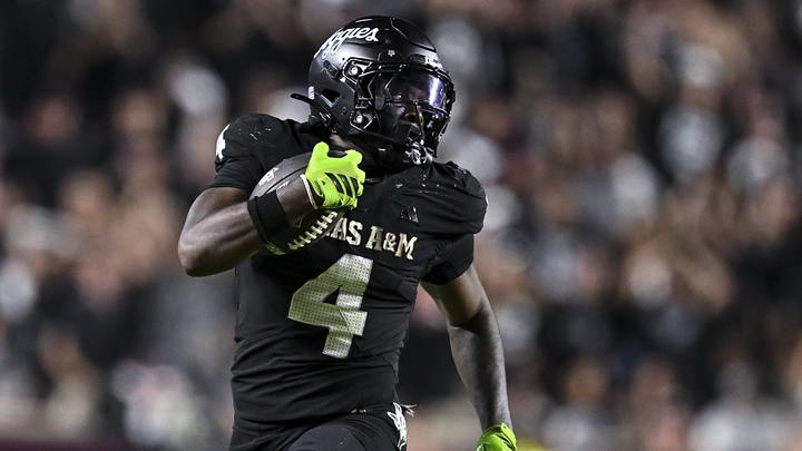 Oct 4, 2025; College Station, Texas, USA; Texas A&M Aggies running back Rueben Owens II (4) runs the ball during the fourth quarter against the Mississippi State Bulldogs at Kyle Field.