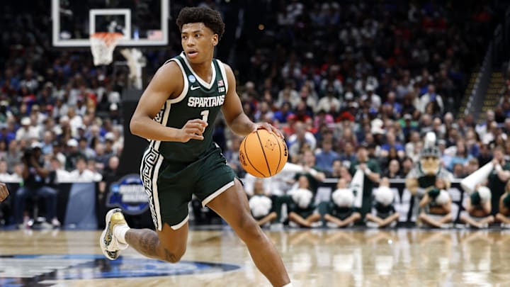 Mar 27, 2026; Washington, DC, USA; Michigan State Spartans guard Jeremy Fears Jr. (1) dribbles the ball against the UConn Huskies in the first half during a Sweet Sixteen game of the East Regional of the men's 2026 NCAA Tournament at Capital One Arena. Mandatory Credit: Amber Searls-Imagn Images Mar 27, 2026; Washington, DC, USA; Michigan State Spartans guard Jeremy Fears Jr. (1) dribbles the ball against the UConn Huskies in the first half during a Sweet Sixteen game of the East Regional of the men's 2026 NCAA Tournament at Capital One Arena. Mandatory Credit: Amber Searls-Imagn Images