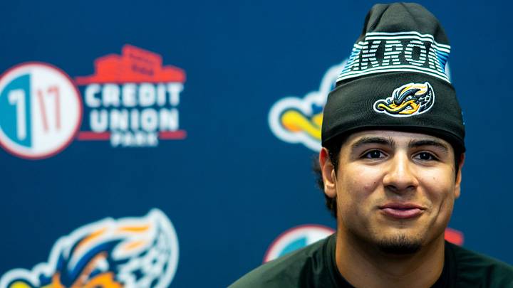 Akron RubberDucks infielder Ralphy Velazquez answers questions from reporters during media day April 1, 2026, at 7 17 Credit Union Park in Akron. Akron RubberDucks infielder Ralphy Velazquez answers questions from reporters during media day April 1, 2026, at 7 17 Credit Union Park in Akron.