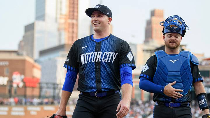 Jul 12, 2024; Detroit, Michigan, USA; Detroit Tigers starting pitcher Tarik Skubal (29) and catcher Jake Rogers (34) walk to the dugout in the fifth inning against the Los Angeles Dodgers at Comerica Park. Mandatory Credit: Lon Horwedel-USA TODAY Sports