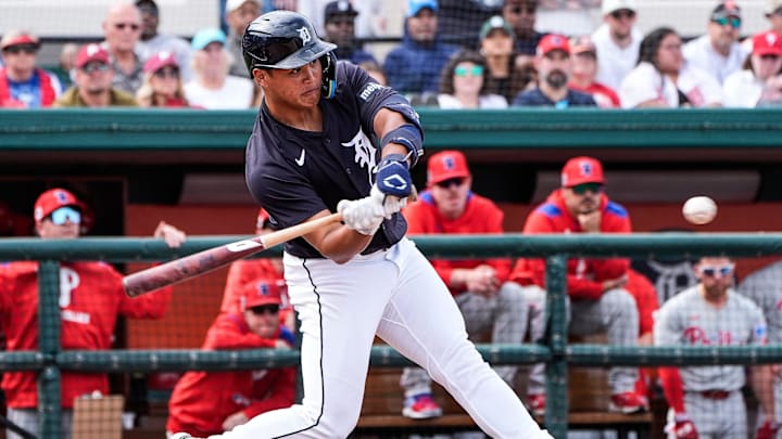 Detroit Tigers infielder Hao-Yu Lee bats against Philadelphia Phillies during the fifth inning of a Grapefruit League game at Joker Marchant Stadium in Lakeland, Fla. on Saturday, Feb. 22, 2025.