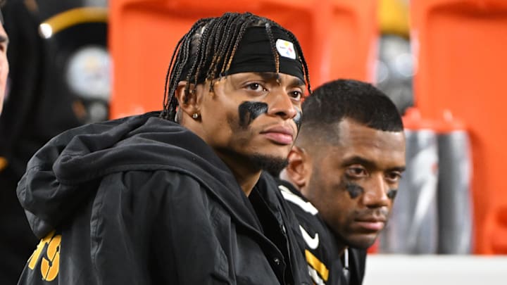 Oct 20, 2024; Pittsburgh, Pennsylvania, USA; Pittsburgh Steelers quarterbacks Justin Fields (2) and Russell Wilson (3) watch the action against the New York Jets during the fourth quarter at Acrisure Stadium. Mandatory Credit: Barry Reeger-Imagn Images
