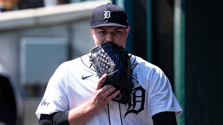 Detroit Tigers pitcher Tarik Skubal (29) walks off the field for a pitching change during the seventh inning against the Milwaukee Brewers at Comerica Park in Detroit on Thursday, April 23, 2026.