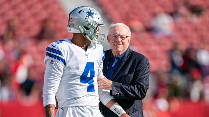 August 10, 2019; Santa Clara, CA, USA; Dallas Cowboys quarterback Dak Prescott (4) and owner Jerry