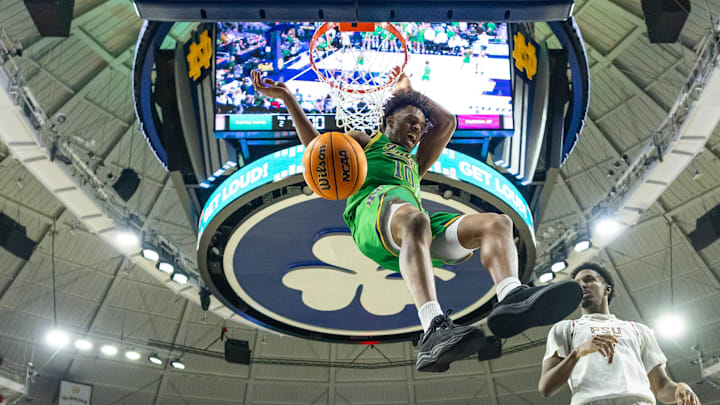 Feb 7, 2026; South Bend, Indiana, USA; Notre Dame Fighting Irish forward Jalen Haralson (10) dunks against the Florida State Seminoles during the second half at Purcell Pavilion at the Joyce Center. Mandatory Credit: Michael Caterina-Imagn Images Feb 7, 2026; South Bend, Indiana, USA; Notre Dame Fighting Irish forward Jalen Haralson (10) dunks against the Florida State Seminoles during the second half at Purcell Pavilion at the Joyce Center. Mandatory Credit: Michael Caterina-Imagn Images